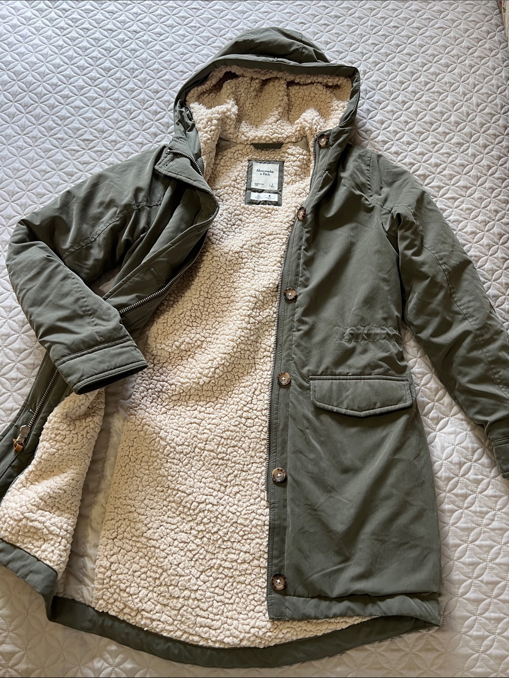 Abercrombie & Fitch Olive Green Sherpa-Lined Hooded Coat